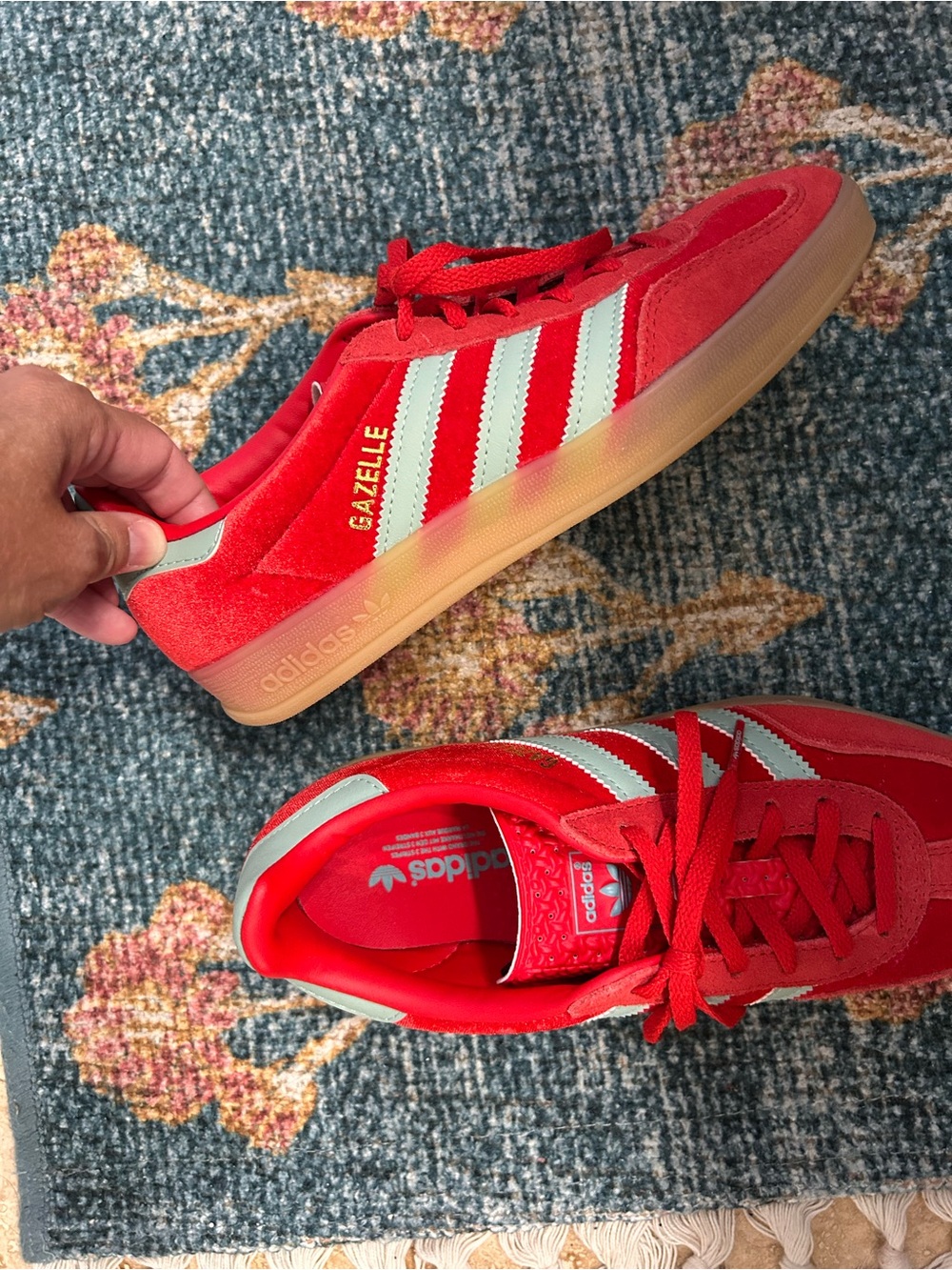adidas Red Suede Gazelle Sneakers with light teal Stripes